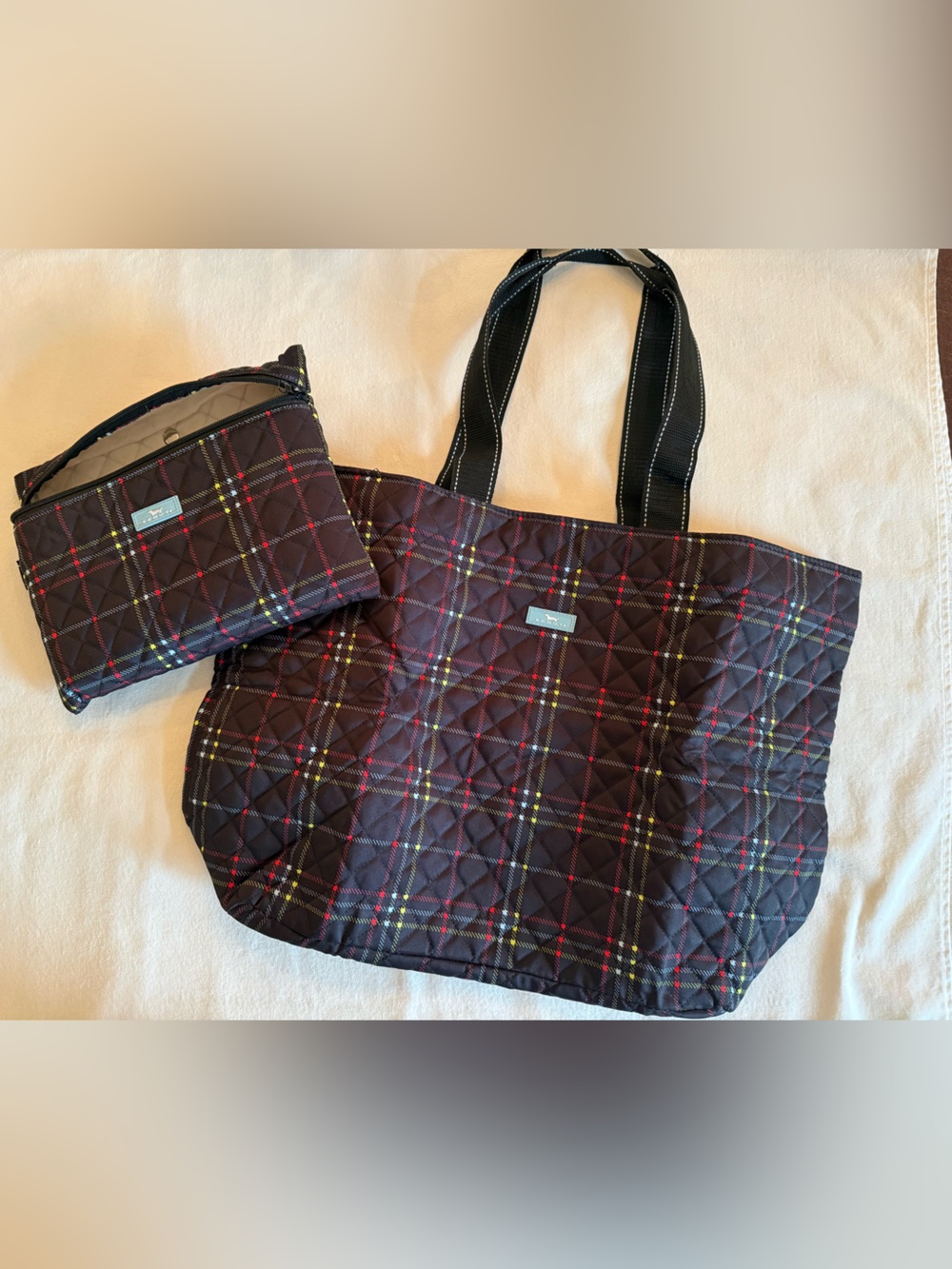 Quilted Plaid Scout Tote Bag with Pouch - Black Red Plaid